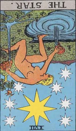 When the card is reversed appears in a  tarot reading it represents not following your soul's purpose or lost faith. It shows seven smaller stars falling.